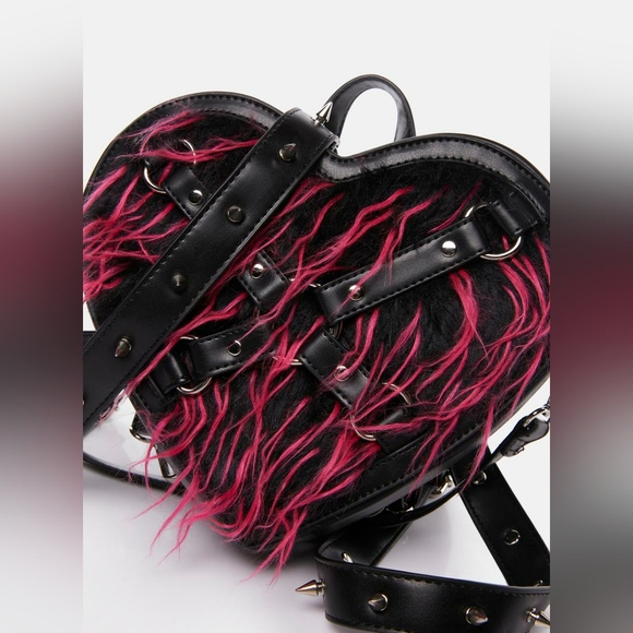 New Dolls Kill Widow Run From Suburbia Faux Fur Convertible Pink Black Backpack - Picture 3 of 7